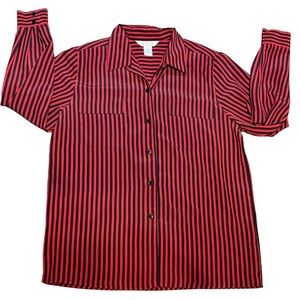 Vintage 80s 90s Selecca Red Black Striped Button Up Shirt Shoulder Pads M
